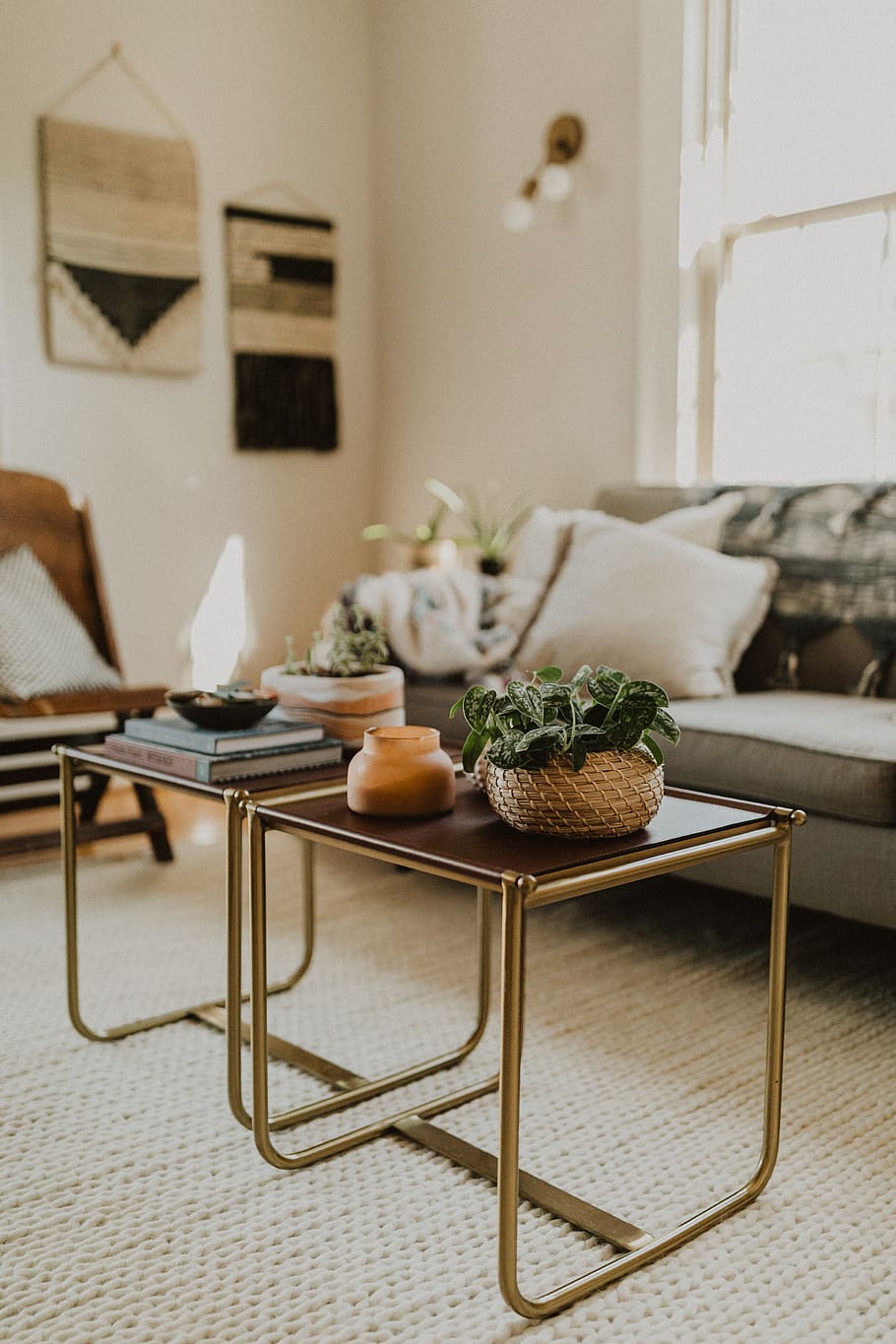 marró, taules, mobles, habitació, sala d'estar, taula, taula de cafè, a l'interior, sofà, planta, disseny d'interiors, catifa, fusta, casa, amor, interior, estilització, decorar, decoració, mig segle, interior de casa, cap gent, cadira, seient, absència, habitació domèstica, centrar-se en primer pla, natura morta, material de fusta, planta en test, naturalesa, menjar i beguda, menjar, dia, estovalles, 4K