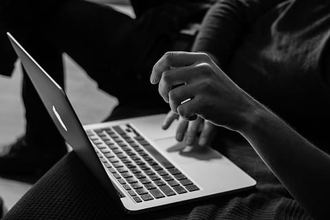 laptop, apple, keyboard, technology, mac, application, software, hardware, monochrome, wireless technology, one person, communication, connection, indoors, lifestyles, human hand, leisure activity, real people, human body part, home interior, hand, computer, close-up, selective focus, focus on foreground, using laptop, finger, 4K, CC0, public domain, royalty free