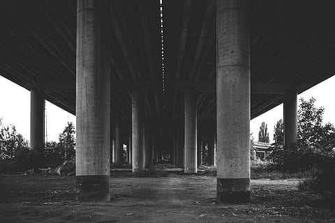 die Architektur, Strukturen, Brücken, Beiträge, Linien, Formen, Muster, Perspektive, architektonische Säule, gebaute Struktur, Brücke, Brücke - künstliche Struktur, Verbindung, keine Leute, Natur, unten, Transport, Baum, Tag, Pflanze, unterhalb, draußen, Himmel, Straße, in einer Reihe, Flachwinkelansicht, Beton, Träger, Überführung, Kolonnade, 5K, CC0, gemeinfrei, lizenzfrei