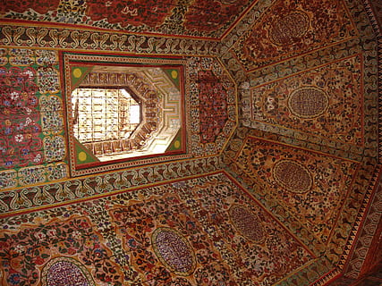 moschea, design, interno, architettura, Islam, modello, decorativo, religione, soffitto, credenza, costruzione, luogo di culto, struttura costruita, nessuno, in casa, Inquadratura dal basso, ornato, spiritualità, arte e artigianato, destinazioni di viaggio, murale, direttamente sotto, cupola, affresco, 2K, CC0, dominio pubblico, privo di copyright