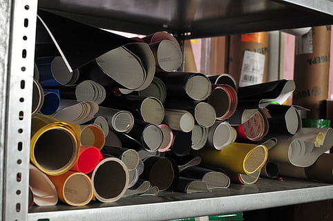 printing, industry, equipment, technology, plotting, indoors, no people, shape, large group of objects, circle, geometric shape, still life, container, close-up, pipe - tube, stack, choice, abundance, design, day, arrangement, variation, art and craft, factory, 4K, CC0, public domain, royalty free