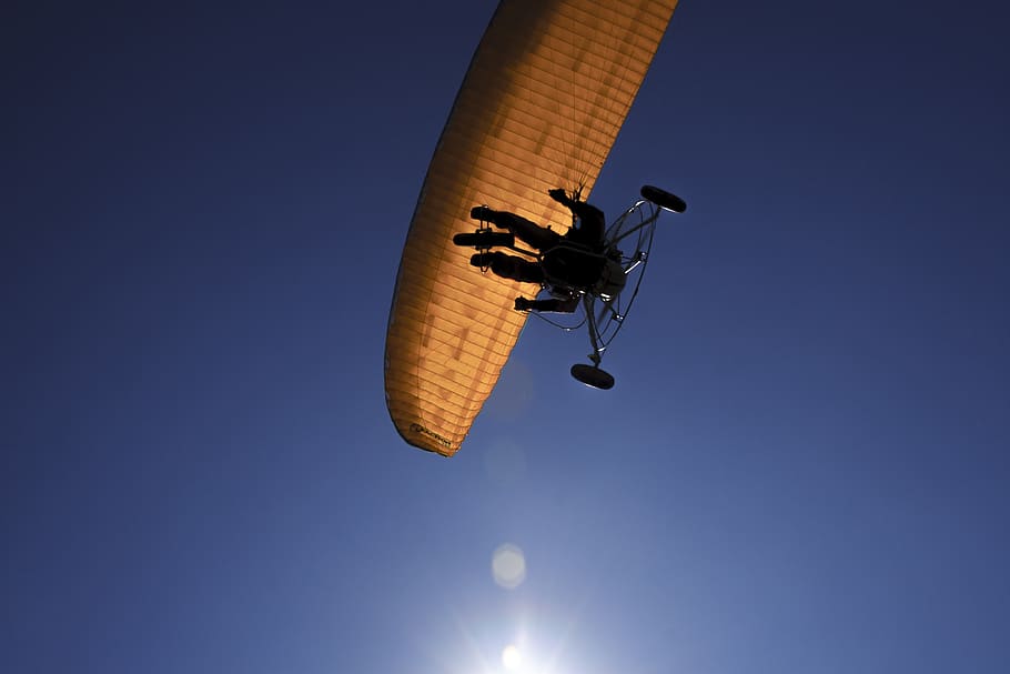 paragliding, silnik, niebo, niski kąt widzenia, czyste Niebo, niebieski, Natura, kopia przestrzeń, żadnych ludzi, latający, światło słoneczne, księżyc, na dworze, w powietrzu, dzień, sylwetka, piękno natury, tematy zwierzęce, słońce, słoneczny, zwierzęta na wolności, 1080P