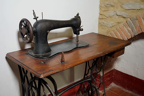 old, machine, sew, no people, indoors, antique, sewing machine, retro styled, wall - building feature, metal, table, still life, wood - material, architecture, the past, history, close-up, technology, seat, telephone, 4K, CC0, public domain, royalty free