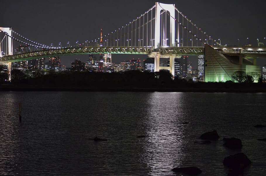 tokyo, mar, nit, aigua, estructura construïda, arquitectura, pont, pont - estructura feta per l'home, connexió, riu, il·luminat, transport, cel, exterior de l'edifici, naturalesa, davant del mar, destinacions de viatge, enginyeria, Pont en suspensió, ciutat, a l'aire lliure, 4K