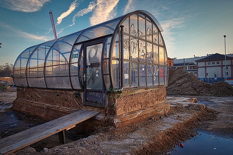 building, architecture, reflection, light, sky, rail transportation, transportation, nature, built structure, cloud - sky, water, mode of transportation, train, abandoned, building exterior, no people, railroad track, day, track, damaged, outdoors, run-down, deterioration, ruined, 5K, CC0, public domain, royalty free