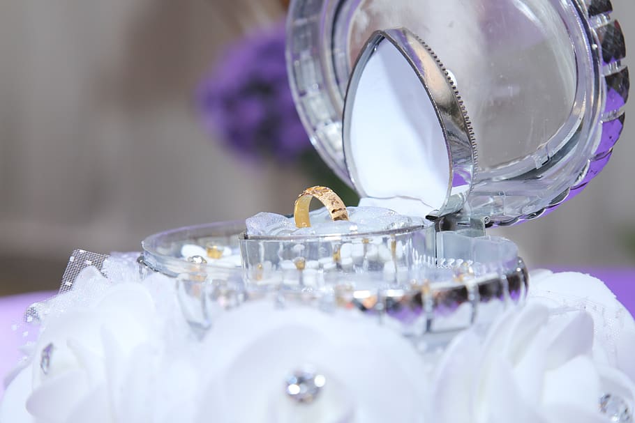 ring, wedding, case, display, selective focus, close-up, glass - material, no people, jewelry, celebration, transparent, life events, purple, indoors, container, decoration, glass, table, still life, event, flower, plant, focus on foreground, silver colored, personal accessory, 5K