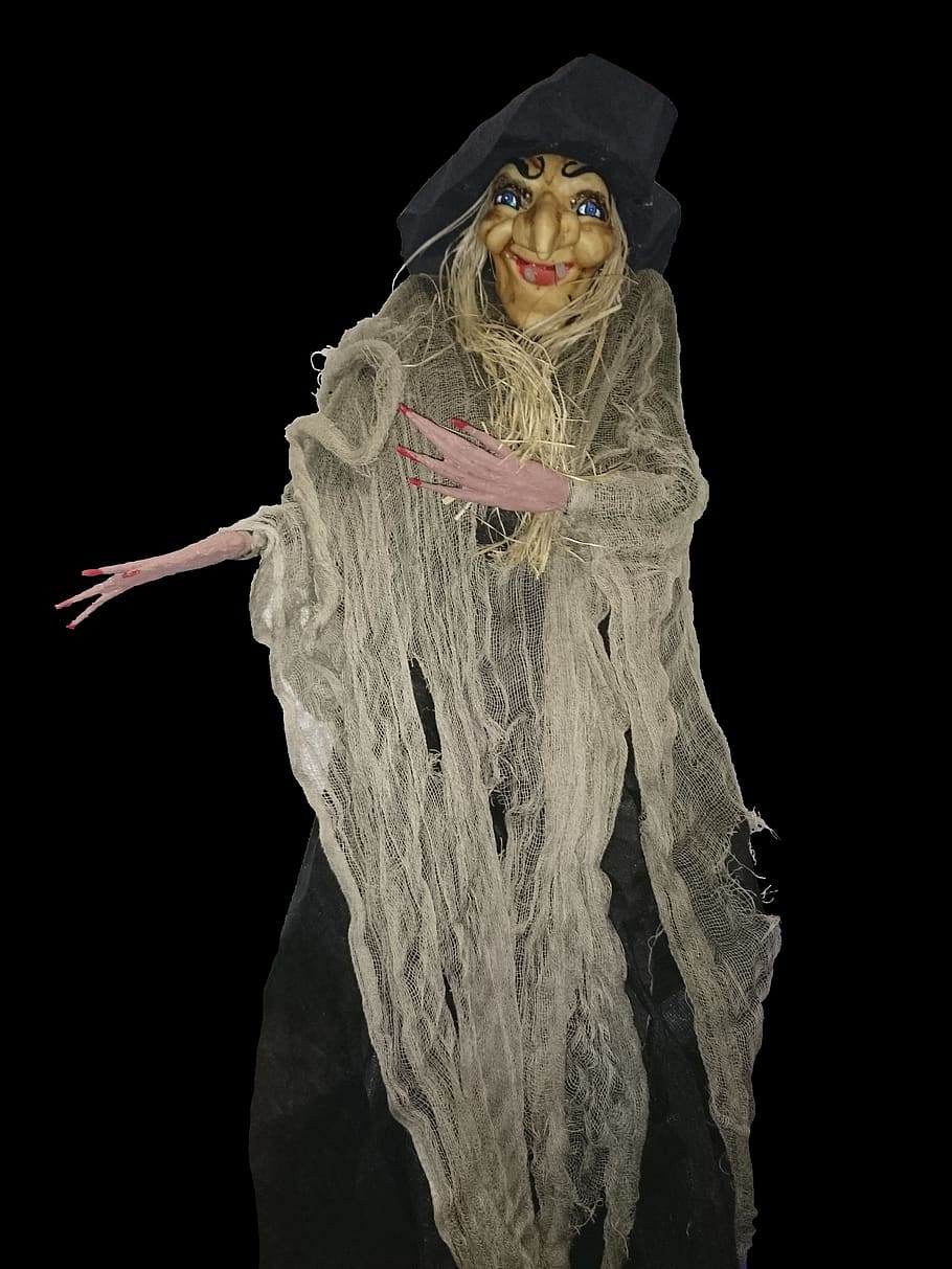 åbenbaring, heks, rædsel, sort baggrund, studio skud, indendørs, kigger på kameraet, kostume, repræsentation, portræt, ingen mennesker, tæt på, forfra, halloween, uhyggelig, fest, Kunst og håndværk, skåret ud, frygt, nat, 2K
