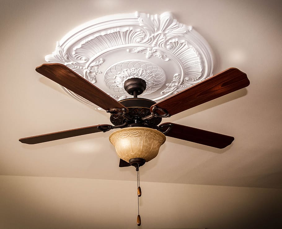 ventilador del sostre, medalló de sostre, llum de sostre, fulles, tirar cordes, tirar cadenes, reduir el tiratge, pujar el projecte, ventilador, corrent d’aire, ventilador elèctric, llum elèctrica, hèlix, a l'interior, equips d’il·luminació, sostre, vista d’angle baix, cap gent, penjant, aranya, ornamentat, electricitat, patró, il·luminat, tir de l'estudi, directament a sota, decoració, primer pla, disseny, sol objecte, metall, llum, material de fusta, luxe, 4K