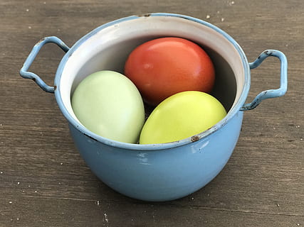 easter, colorful, egg, easter eggs, colored, spring, color, easter egg, cheerful, nature, easter theme, painted, chicken eggs, easter nest, easter decorations, customs, food, table, still life, food and drink, multi colored, indoors, no people, high angle view, bowl, close-up, healthy eating, wellbeing, freshness, container, fruit, wood - material, red, group of objects, vegetable, yellow, 4K, CC0, public domain, royalty free