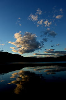 reflection, glacier, sky, clouds, water, cloud - sky, lake, tranquility, scenics - nature, beauty in nature, tranquil scene, nature, no people, sunset, idyllic, symmetry, outdoors, blue, non-urban scene, waterfront, salt flat, 4K, CC0, public domain, royalty free