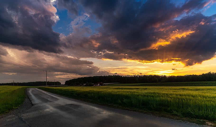 tramonto, cielo serale, natura, nuvoloso, nuvole drammatiche, crepuscolo, sfondo del desktop, sfondo dello schermo, campo, cereali, abendstimmung, strada, immagine di sfondo, sfondo, del desktop, immagine dello schermo, splendente, cielo, colorato, ora serale, romanza, romantico, nuvole, sera, formazioni nuvolose, stimmung gewitter, paesaggio, umore, ultimi bagliori, nuvola - cielo, bellezza nella natura, mezzi di trasporto, terra, scenics - natura, ambiente, erba, nessuno, la tranquillità, pianta, la strada davanti, scena tranquilla, direzione, all'aperto, 5K