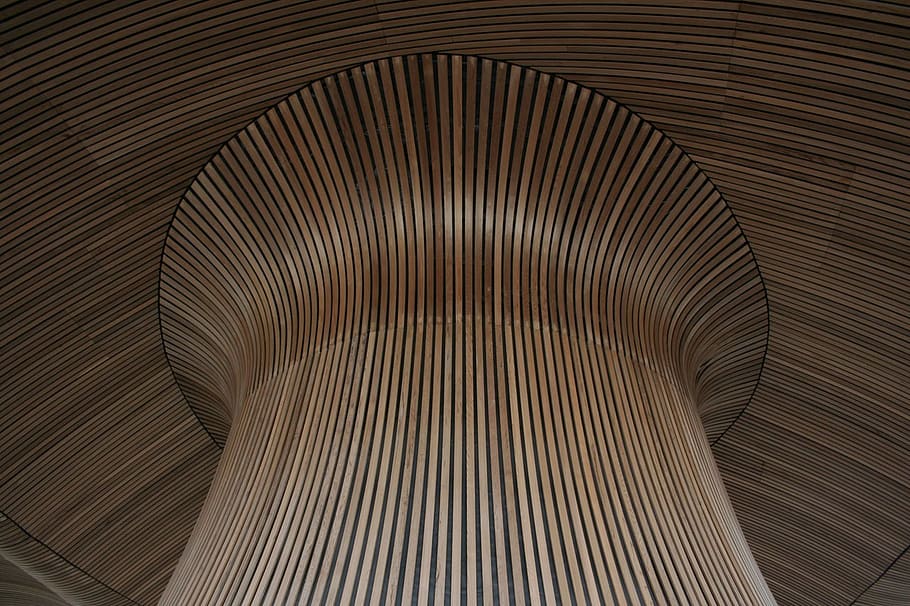 fusta, sostre, patró, ratlles, voltes, interior, arquitectura, a l'interior, estructura construïda, vista d’angle baix, cap gent, fons, modern, característica arquitectònica, marc complet, metall, textura, disseny, dia, repetició, primer pla, futurista, il·luminat, arquitectura i art, 720P