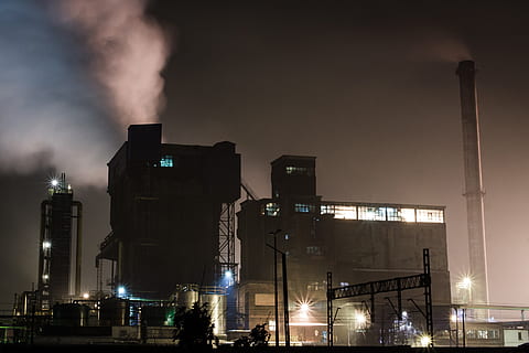 nothing, empty, night, illuminated, building exterior, architecture, built structure, sky, lighting equipment, industry, factory, no people, low angle view, city, nature, smoke - physical structure, smoke stack, air pollution, outdoors, light, glowing, street, pollution, industrial district, 2K, CC0, public domain, royalty free