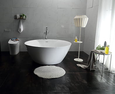 circle, bath, domestic room, indoors, no people, bathroom, domestic bathroom, flooring, white color, home, household equipment, wall - building feature, faucet, absence, wood - material, plant, home interior, flower, nature, container, tile, flowering plant, 4K, CC0, public domain, royalty free