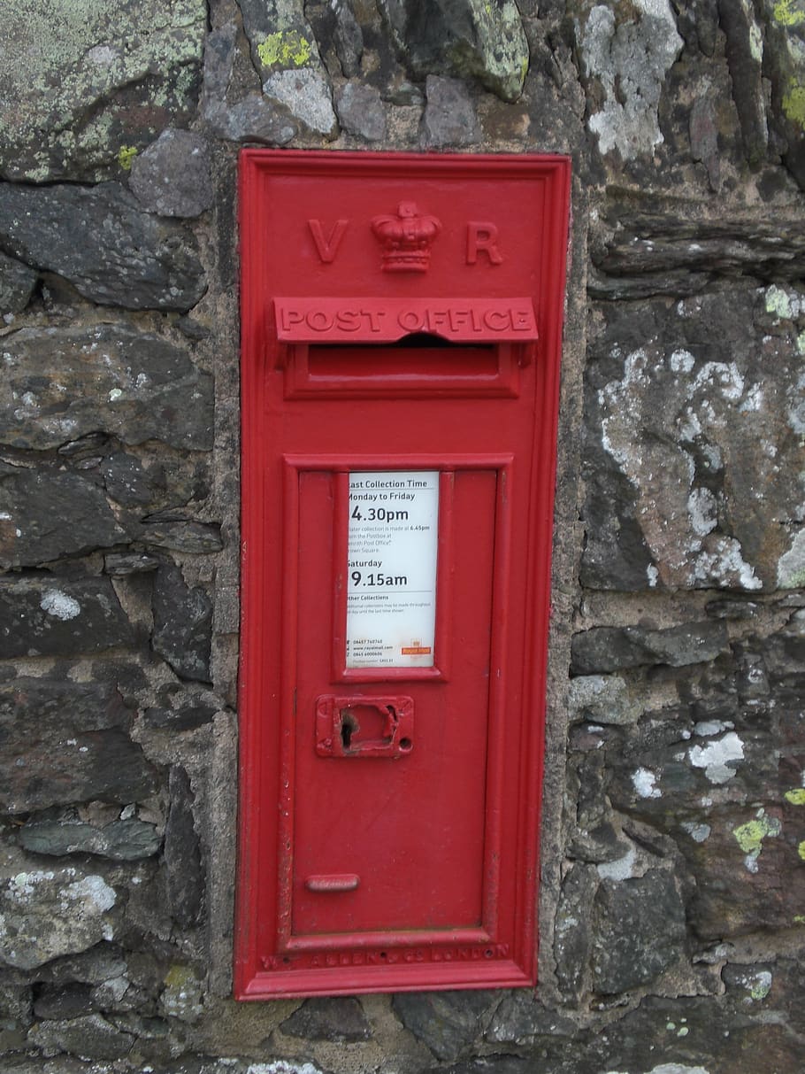 bústia, pedra, paret, Caixa, publicació, carta, correu electrònic, vell, tradicional, metall, retro, vermell, franqueig, britànic, UK, Reial, comunicació, funció de construcció de parets, text, bústia pública, correspondència, cap gent, paret de pedra, dia, primer pla, arquitectura, a l'aire lliure, paper, guió occidental, 2K