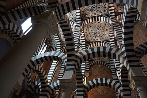 architecture, inside, indoor, ceiling, construction, structure, built structure, indoors, pattern, no people, low angle view, day, building, sunlight, large group of objects, in a row, design, belief, place of worship, religion, spirituality, travel destinations, architectural column, repetition, 5K, CC0, public domain, royalty free