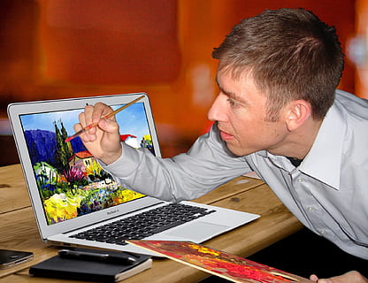 Kunst, Kreativität, Computers, Technologie, kreativ, künstlerisch, Malerei, Künstler, Technik, Computer, Laptop, kabellose Technologie, Tabelle, Kommunikation, Männer, Erwachsene, Verbindung, drinnen, Geschäft, eine Person, Arbeiten, Computerausrüstung, Desktop-PC, Besetzung, mit laptop, Tastatur, Wirtschaft, 1080P, CC0, gemeinfrei, lizenzfrei