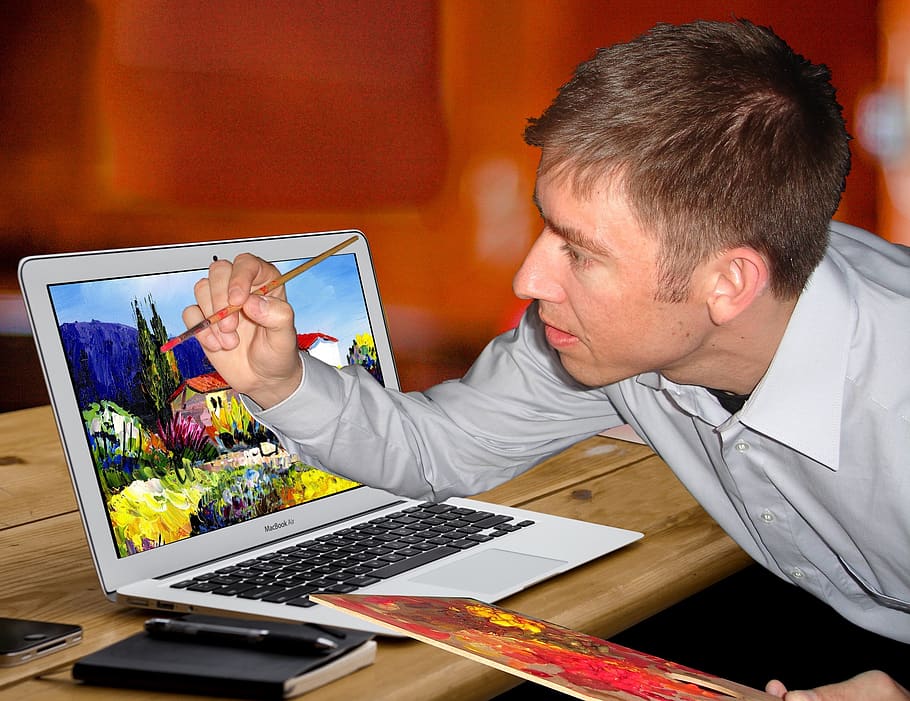 Kunst, Kreativität, Computers, Technologie, kreativ, künstlerisch, Malerei, Künstler, Technik, Computer, Laptop, kabellose Technologie, Tabelle, Kommunikation, Männer, Erwachsene, Verbindung, drinnen, Geschäft, eine Person, Arbeiten, Computerausrüstung, Desktop-PC, Besetzung, mit laptop, Tastatur, Wirtschaft, 1080P