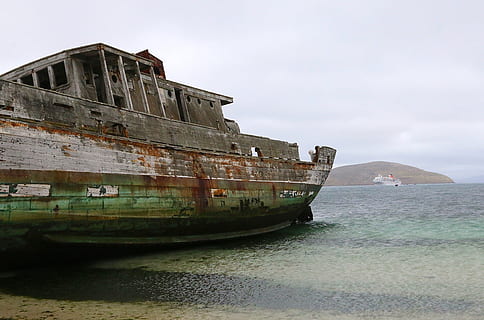 wreck, ship, falkland islands, nautical vessel, water, transportation, mode of transportation, sky, sea, day, nature, beach, shipwreck, no people, cloud - sky, land, outdoors, abandoned, run-down, tranquil scene, old, sinking, 4K, CC0, public domain, royalty free