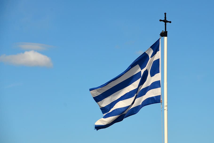 flagg, Hellas, himmel, lav vinkel visning, blå, patriotisme, natur, dag, ingen folk, vind, stripete, waving, stang, sollys, sky - himmel, hvit farge, miljø, utendørs, kopiere plass, Religion, nasjonalt ikon, 4K