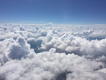 clouds, formations, plane, view, flight, sky, cloud - sky, cloudscape, blue, atmosphere, aerial view, beauty in nature, fluffy, environment, heaven, above, high up, overcast, high angle view, no people, backgrounds, idyllic, wind, outdoors, looking at view, softness, meteorology, 1080P, CC0, public domain, royalty free