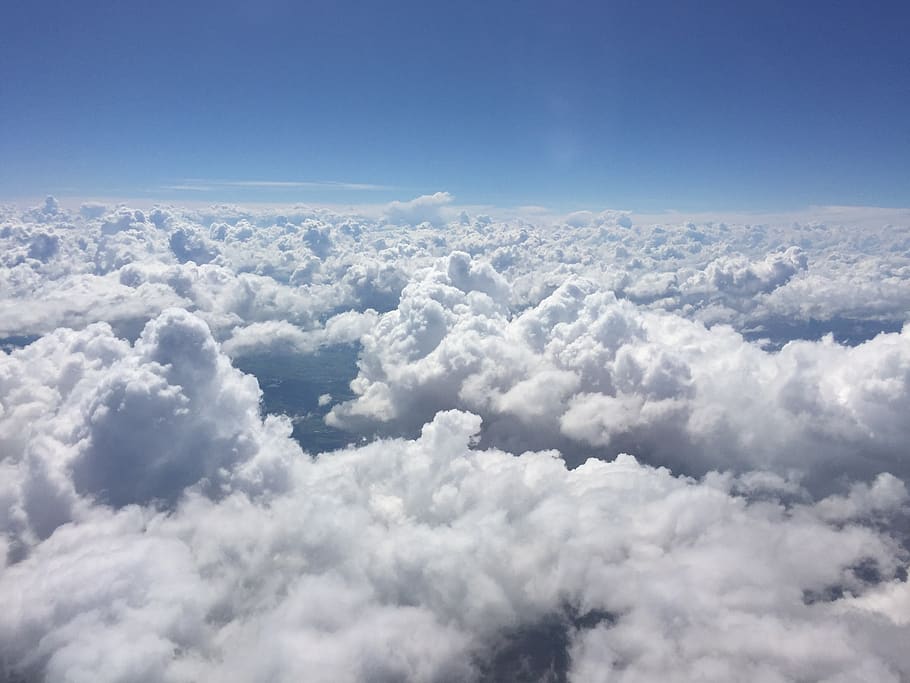 clouds, formations, plane, view, flight, sky, cloud - sky, cloudscape, blue, atmosphere, aerial view, beauty in nature, fluffy, environment, heaven, above, high up, overcast, high angle view, no people, backgrounds, idyllic, wind, outdoors, looking at view, softness, meteorology, 1080P