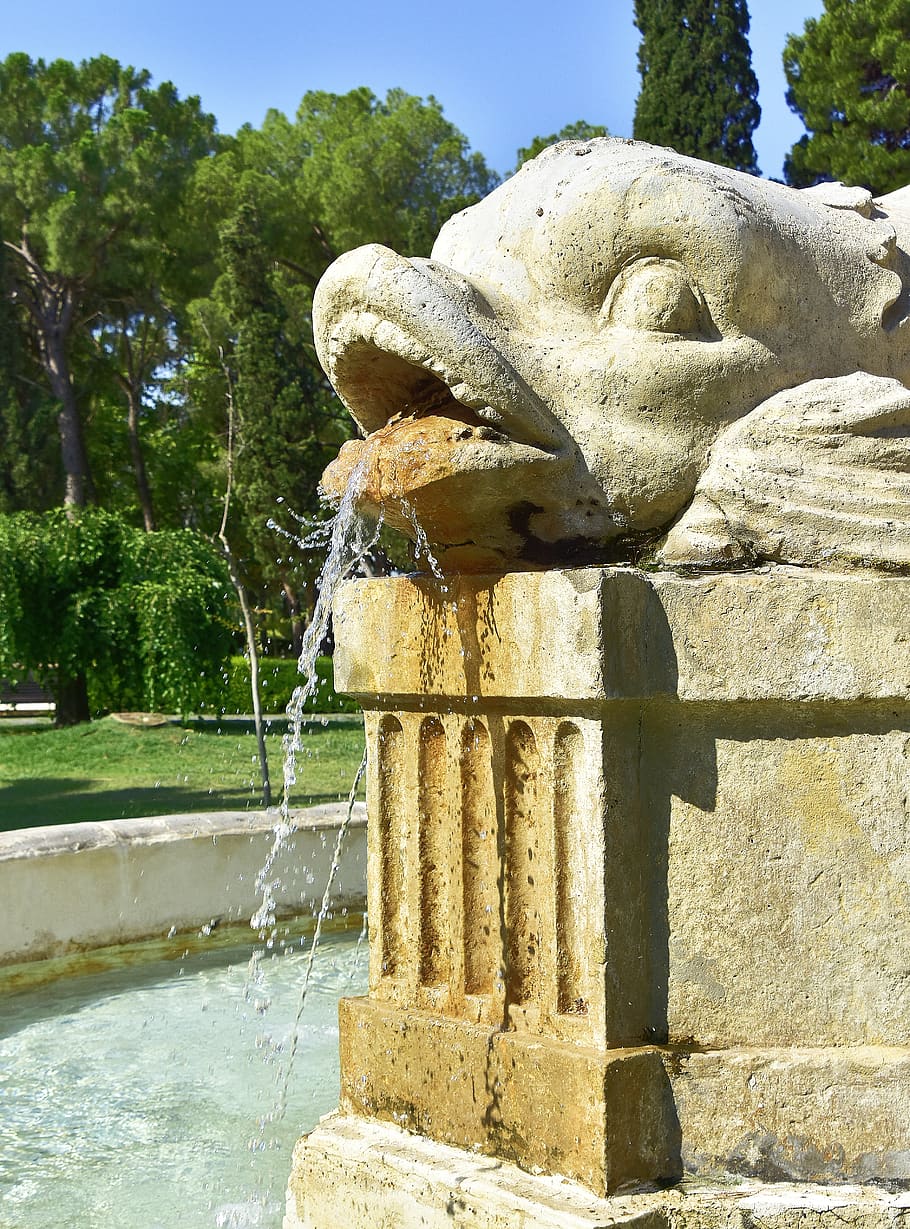 aigua, humit, bombolla, degoteig, estany, art i artesania, representació, escultura, creativitat, estàtua, naturalesa, arquitectura, dia, cap gent, artesania, Font, planta, representació humana, llum solar, arbre, estructura construïda, sòlid, a l'aire lliure, material de pedra, aigua que flueix, columna arquitectònica, que flueix, 4K