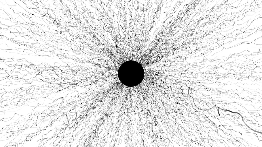 inkoust, bw, abstraktní, Černá, bílý, zatmění, Černá díra, beletrie, pozadí, tvořivý, výkres, záření, částic, tma, vzor, celý rám, nikdo, detail, uvnitř, nízký úhel pohledu, den, otvor, geometrický tvar, design, kruh, Příroda, rostlina, stálý život, bílá barva, tvar, zeď, stavba, soustředný, 4K