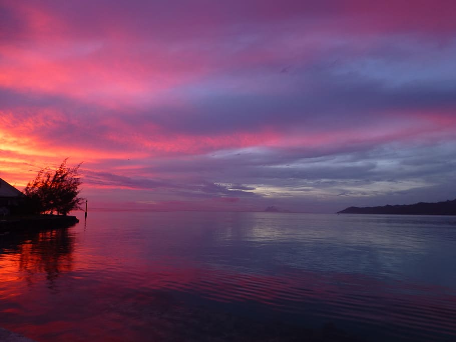 solnedgang, ocean, polynesien, hav, himmel, sky - himmel, vand, skønhed i naturen, scenics - natur, ro, rolig scene, afspejling, havnefronten, natur, ingen mennesker, orange farve, idyllisk, dramatisk himmel, udendørs, humørlig himmel, 4K