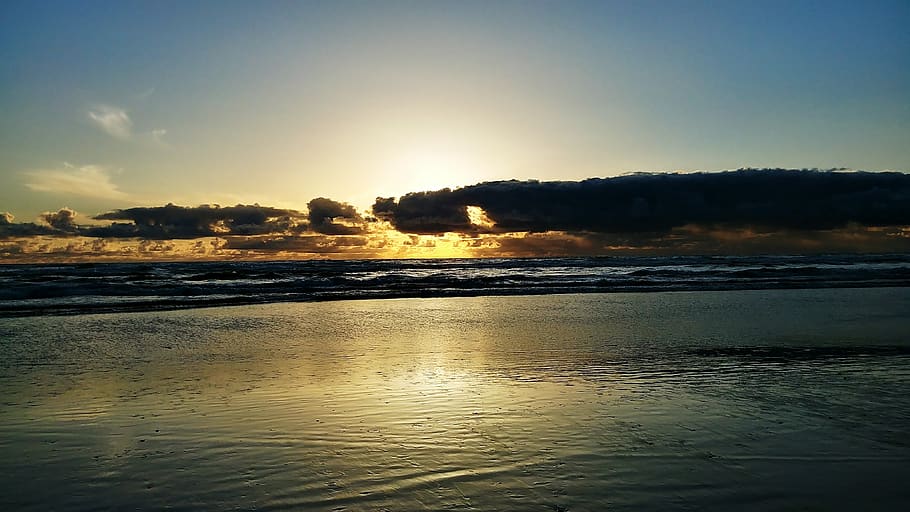 solnedgang, oregon beach, skyer, himmel, vann, skjønnhet i naturen, ro, naturskjønnhet - natur, rolig scene, hav, refleksjon, land, natur, ingen folk, Strand, idylliske, sky - himmel, sollys, utendørs, ikke-urbane scene, sol, 4K