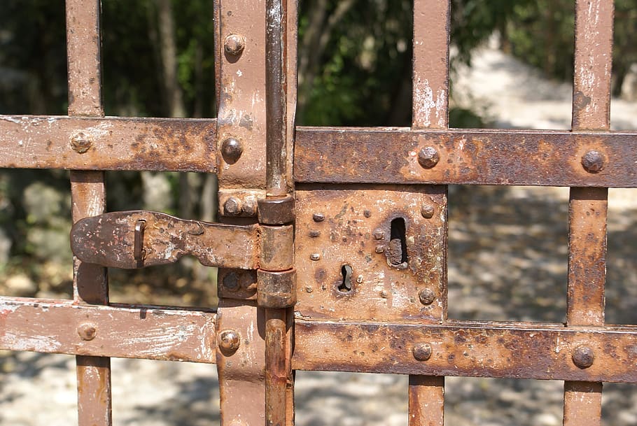 pany, objectiu, entrada, porta rovellada, metall, rovellat, porta, bloqueig, primer pla, cap gent, seguretat, centrar-se en primer pla, vell, protecció, dia, declivi, tancat, deteriorament, límit, a l'aire lliure, resistent, tanca, barrera, pestell, 4K