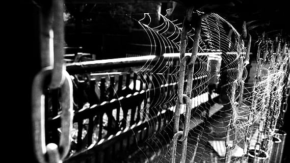 spiderweb, chain, cobweb, net, trap, network, web, fragility, hanging, spooky, fragile, no people, metal, close-up, indoors, selective focus, safety, focus on foreground, security, in a row, pattern, spider web, day, protection, illuminated, complexity, large group of objects, industry, barrier, 2K, CC0, public domain, royalty free