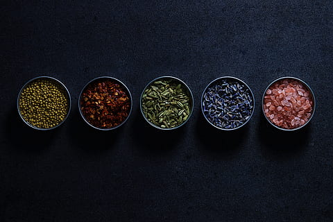 five assorted-type condiments, spice, plant, food, produce, dayton, united states, pepper, seed, vegetable, wristwatch, mustard, art, bean, dark background, moody, cooking, spices, precise, color, recipe, indoors, no people, studio shot, variation, high angle view, in a row, directly above, food and drink, still life, choice, side by side, bowl, group of objects, ingredient, freshness, nature, circle, herb, black background, 5K, CC0, public domain, royalty free