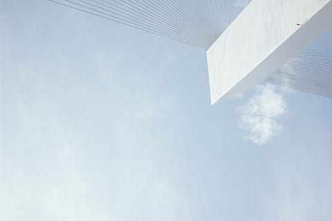 sky, clouds, white, architecture, low angle view, cloud - sky, built structure, building, building exterior, day, no people, nature, outdoors, directly below, copy space, modern, city, tower, office building exterior, office, corner, tall - high, skyscraper, 5K, CC0, public domain, royalty free