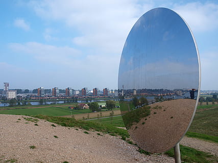 mirror, circle, flip, reflection, sky, building exterior, built structure, architecture, nature, city, cloud - sky, day, water, no people, land, landscape, outdoors, travel destinations, building, cityscape, environment, shape, office building exterior, skyscraper, 2K, CC0, public domain, royalty free