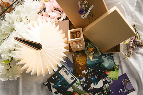 Verpackung, Blume, Geschenk, Box, High Angle View, blühende Pflanze, Stillleben, Kasten - Behälter, keine Leute, Container, drinnen, große gruppe von gegenständen, direkt darüber, Pflanze, Kunst und Handwerk, Feier, Dekoration, Papier-, Kunst, Tabelle, Schmuck, Geschenkbox, Luxus, 4K, CC0, gemeinfrei, lizenzfrei