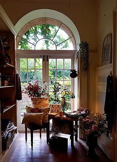 window, display, home, interior, table, chair, seat, indoors, furniture, no people, architecture, day, home interior, absence, plant, potted plant, domestic room, arch, built structure, house, nature, building, flooring, glass, setting, luxury, tiled floor, 2K, CC0, public domain, royalty free