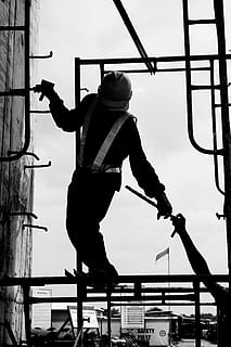 construction, worker, concrete, work, labor, task, build, development, iron, guy, equipment, climb, indonesian, black and white, real people, one person, full length, men, lifestyles, leisure activity, sky, architecture, day, standing, rear view, skill, performance, silhouette, casual clothing, holding, low angle view, sport, nature, human arm, arms raised, 5K, CC0, public domain, royalty free