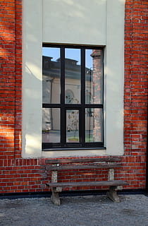 window, building, bench, reflection, architecture, brick, brick wall, built structure, building exterior, wall, glass - material, no people, transparent, day, wall - building feature, outdoors, red, city, house, sky, nature, glass, window frame, 5K, CC0, public domain, royalty free