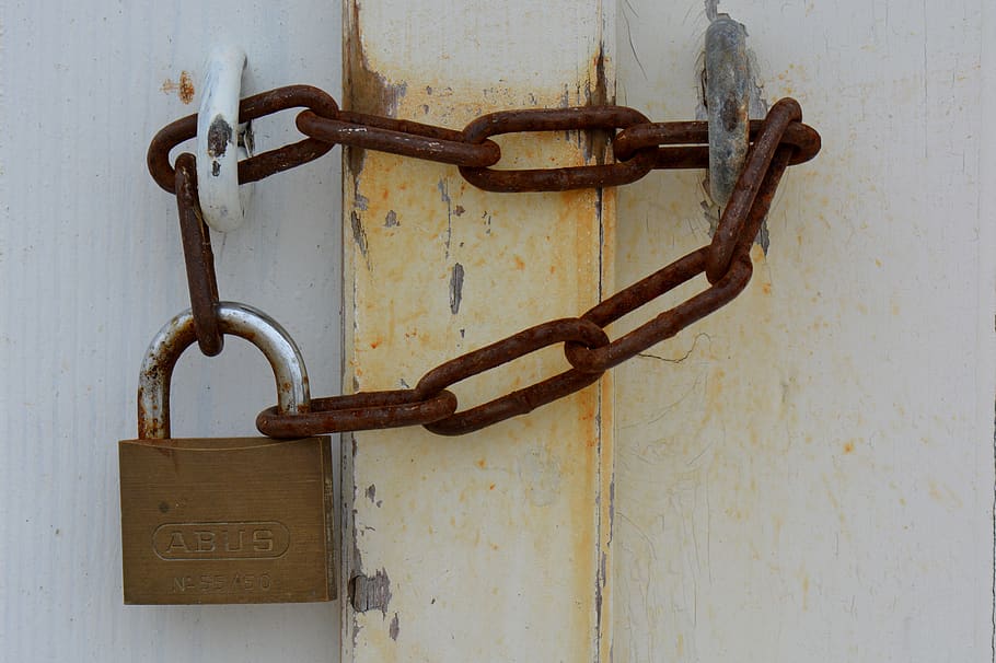 serratura, collana, lucchetto, ruggine, sicurezza, metallo, protezione, nessuno, arrugginito, avvicinamento, Entrata, porta, catena, chiuso, sospeso, amore, all'aperto, fortuna, vecchio, giorno, legno - materiale, sicuro, chiavistello, 5K