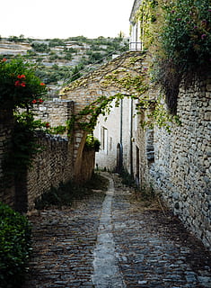 Ziegelsteinpflaster, Gehweg, Pfad, Bürgersteig, Pflaster, Steinplatte, Kopfsteinpflaster, draußen, Garten, Laube, Wand, Pflanze, Ruinen, Schiefer, Weg, Terrasse, Efeu, Schotterstraße, Straße, Kies, Steinwand, die Architektur, gebaute Struktur, Richtung, Gebäude, Gebäudehülle, Fußweg, der Weg nach vorn, Natur, Haus, keine Leute, eng, Tag, Wohngegend, Stadt, Dorf, Stadt, Gasse, 4K, CC0, gemeinfrei, lizenzfrei
