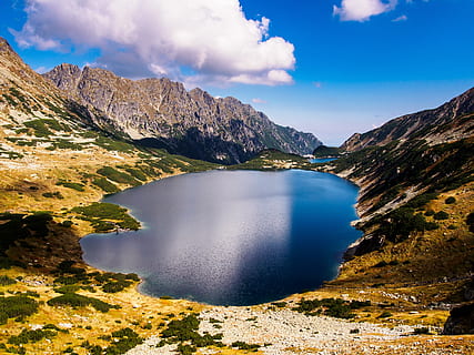 nothing, empty, scenics - nature, water, mountain, beauty in nature, sky, cloud - sky, tranquil scene, lake, tranquility, non-urban scene, nature, idyllic, no people, mountain range, landscape, day, environment, geology, remote, outdoors, volcanic crater, 4K, CC0, public domain, royalty free