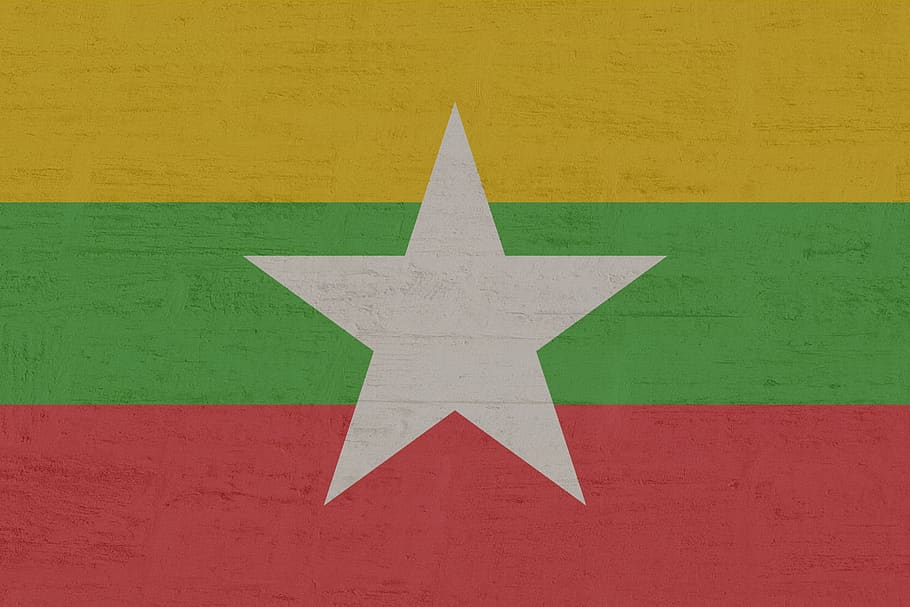 Myanmar, bandera, forma, cap gent, forma d'estrella, signe, vermell, Color blanc, primer pla, color verd, comunicació, símbol, funció de construcció de parets, arquitectura, dia, marc complet, a l'interior, color taronja, ciutat, fons, art i artesania, 1080P