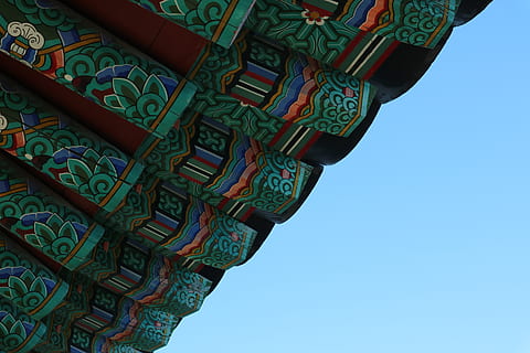 mono, eaves, clear sky, sky, low angle view, pattern, no people, architecture, day, built structure, art and craft, creativity, nature, religion, belief, outdoors, craft, place of worship, design, spirituality, building exterior, ornate, floral pattern, ancient civilization, 5K, CC0, public domain, royalty free