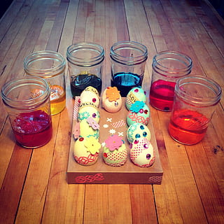 easter, eggs, springtime, easter egg, easter egg hunt, holiday, indoors, food, no people, food and drink, high angle view, sweet food, table, multi colored, freshness, celebration, still life, wood - material, glass - material, jar, sweet, transparent, close-up, variation, glass, 1080P, CC0, public domain, royalty free