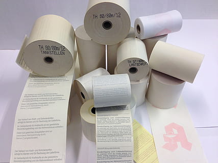checkout, paper, shopping, still life, no people, close-up, rolled up, indoors, text, high angle view, large group of objects, group of objects, communication, document, blueprint, toilet paper, white background, shape, stack, circle, metal, 2K, CC0, public domain, royalty free