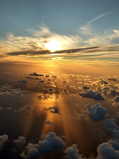 sunset, clouds, nature, sky, cloud - sky, scenics - nature, beauty in nature, tranquility, tranquil scene, no people, idyllic, cloudscape, orange color, aerial view, outdoors, sunlight, dramatic sky, environment, sun, landscape, fluffy, meteorology, 4K, CC0, public domain, royalty free