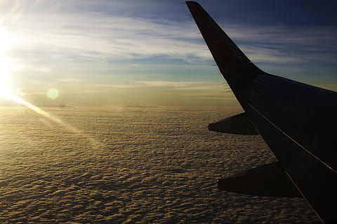 nothing, empty, sky, air vehicle, airplane, cloud - sky, aircraft wing, mode of transportation, sunset, flying, transportation, nature, travel, scenics - nature, beauty in nature, sunlight, no people, journey, outdoors, mid-air, environment, landscape, 4K, CC0, public domain, royalty free