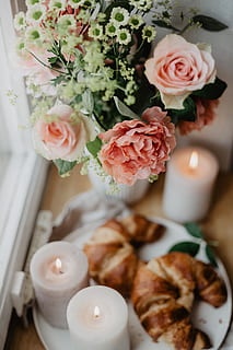two, bread, plate, flower, rose, plant, blossom, croissant, flower arrangement, flower bouquet, breakfast, candles, yummy, home, flowers, cozy, graphics, art, floral design, pattern, candle, food, egg, flowering plant, indoors, high angle view, beauty in nature, fire, freshness, nature, close-up, rose - flower, no people, burning, flame, vulnerability, selective focus, fragility, table, flower head, bouquet, bunch of flowers, tea light, 5K, CC0, public domain, royalty free