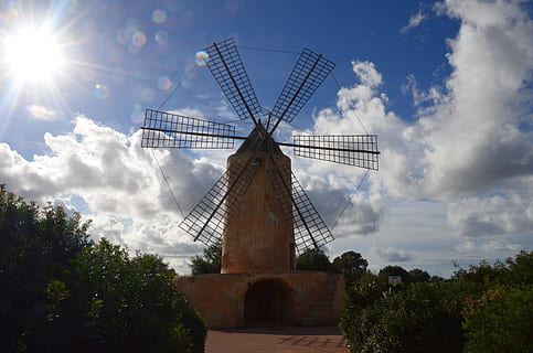 windmill, mill, mallorca, spring, wind, windräder, wind power, turn, wing, grind, mills, flour mill, sky, cloud - sky, renewable energy, alternative energy, environmental conservation, fuel and power generation, architecture, plant, nature, environment, wind turbine, turbine, built structure, traditional windmill, day, tree, sunlight, no people, building exterior, 4K, CC0, public domain, royalty free